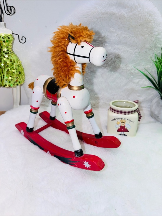 Other - Set - Vintage White & Red Wooden Rocking Horse & We Believe In Angels Candle 🕯️